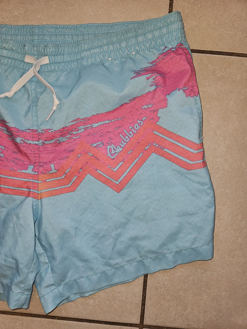 chubbies Light Blue Swim Trunks with Pink and Yellow Graphic